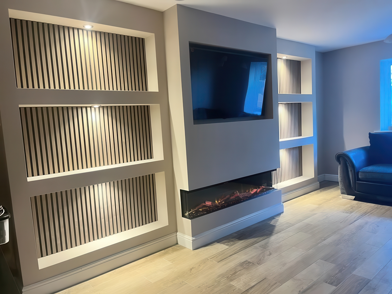 Media wall with electric fire